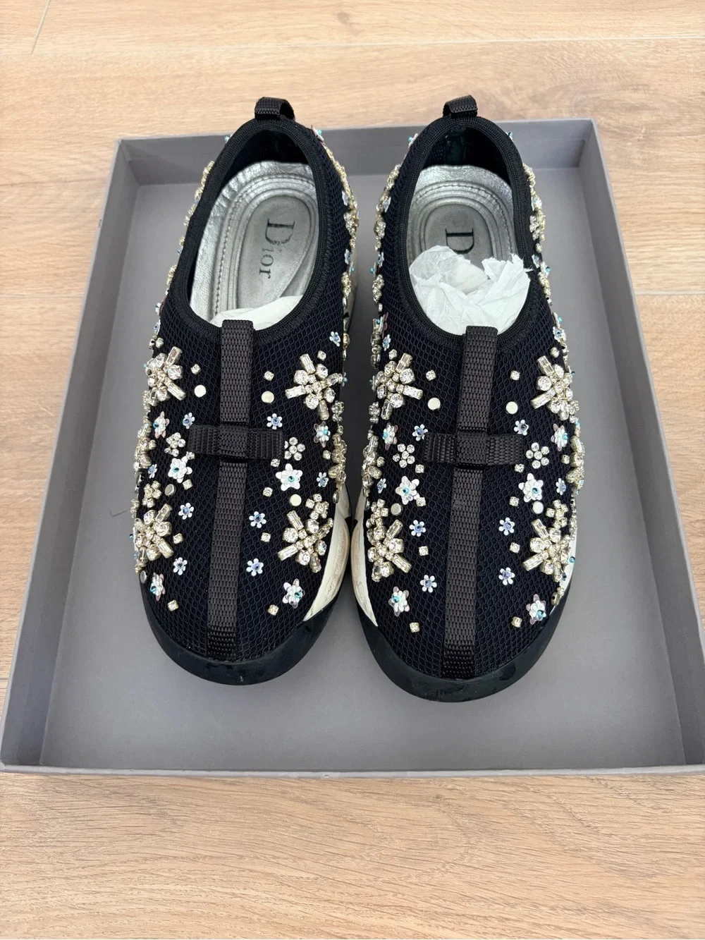 Dior Black Slip-On Sneakers with Crystal Floral Appliqués